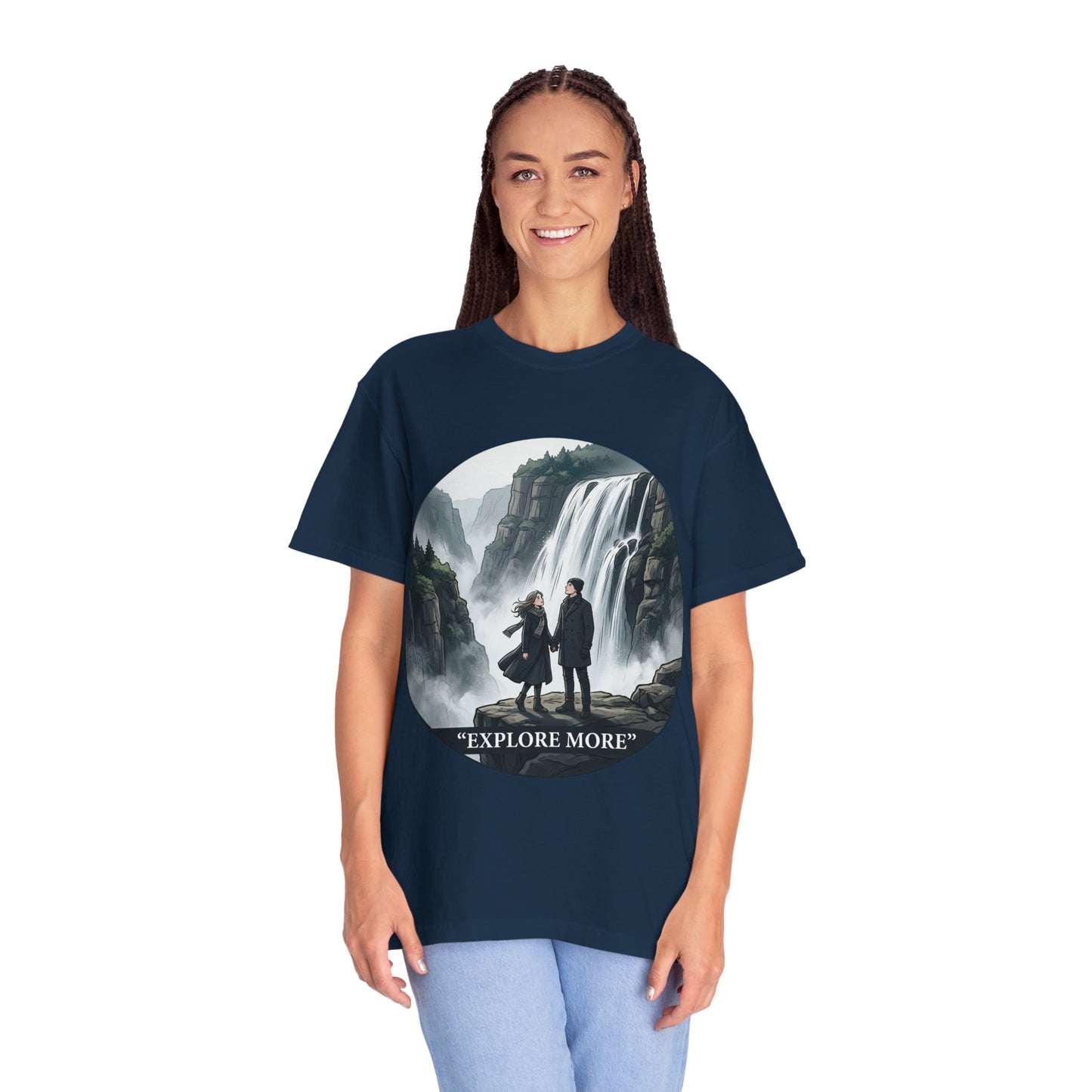 Explore More T-Shirt — Adventure Graphic Tee with Waterfall Scene