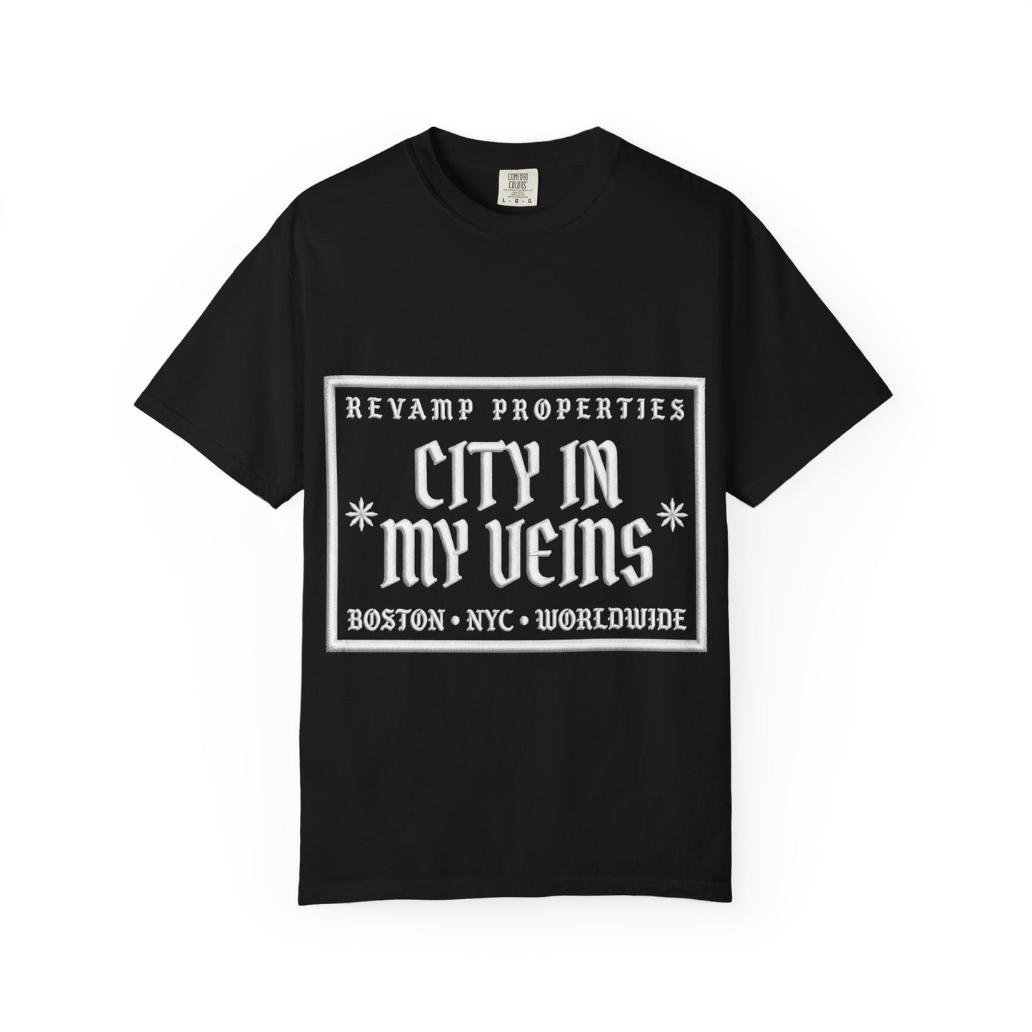City In My Veins T‑Shirt — Vintage Cityscape Tee (Boston • NYC • Manchester)