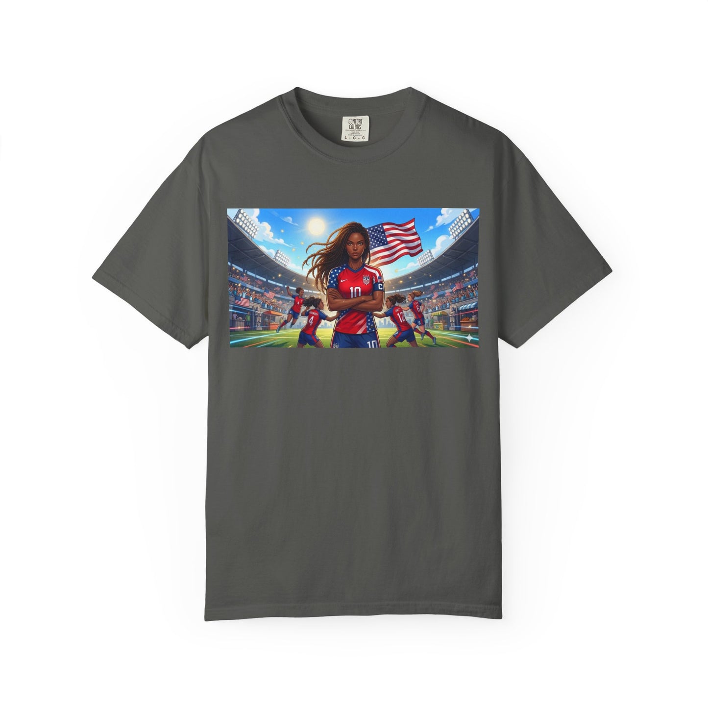 Soccer Mom USA T-Shirt — Female Soccer Player with American Flag Stadium Graphic
