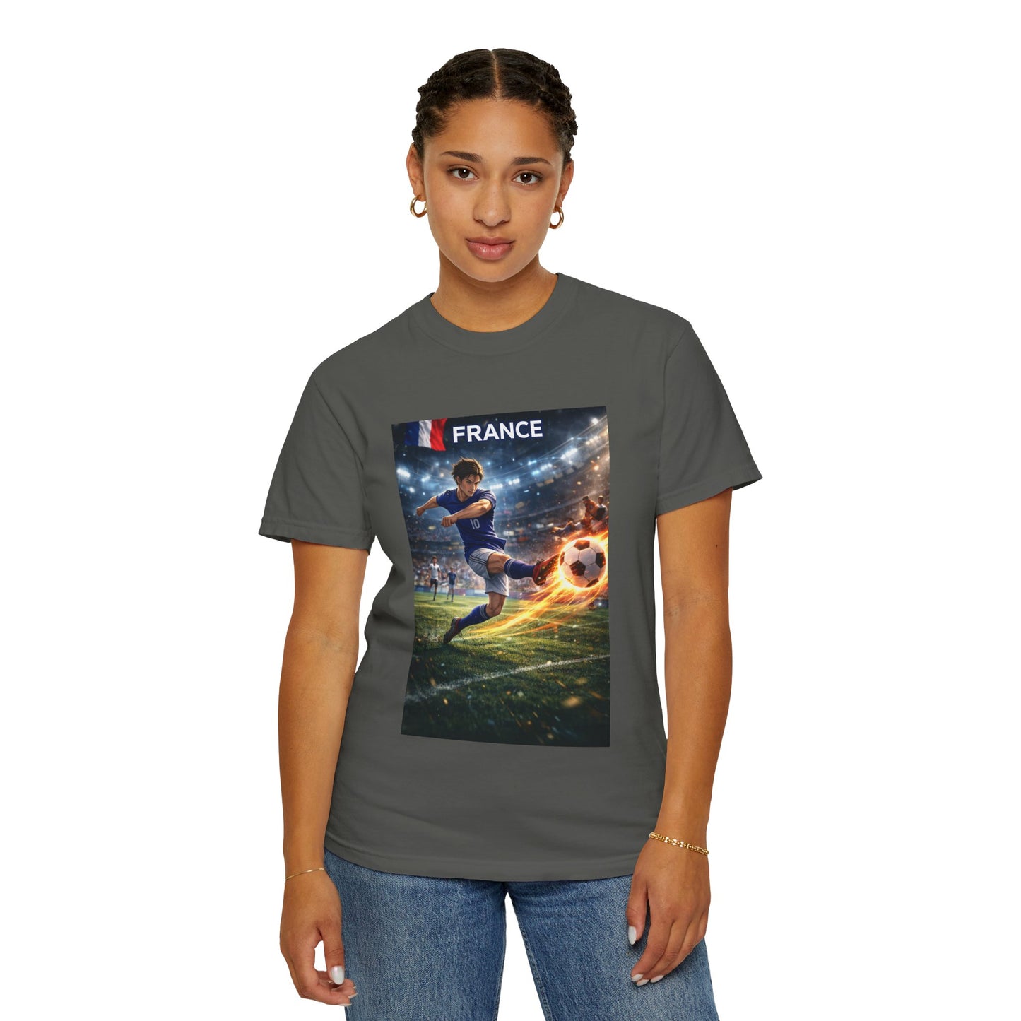 France Soccer Player Graphic T-Shirt — Football Kick Stadium Design