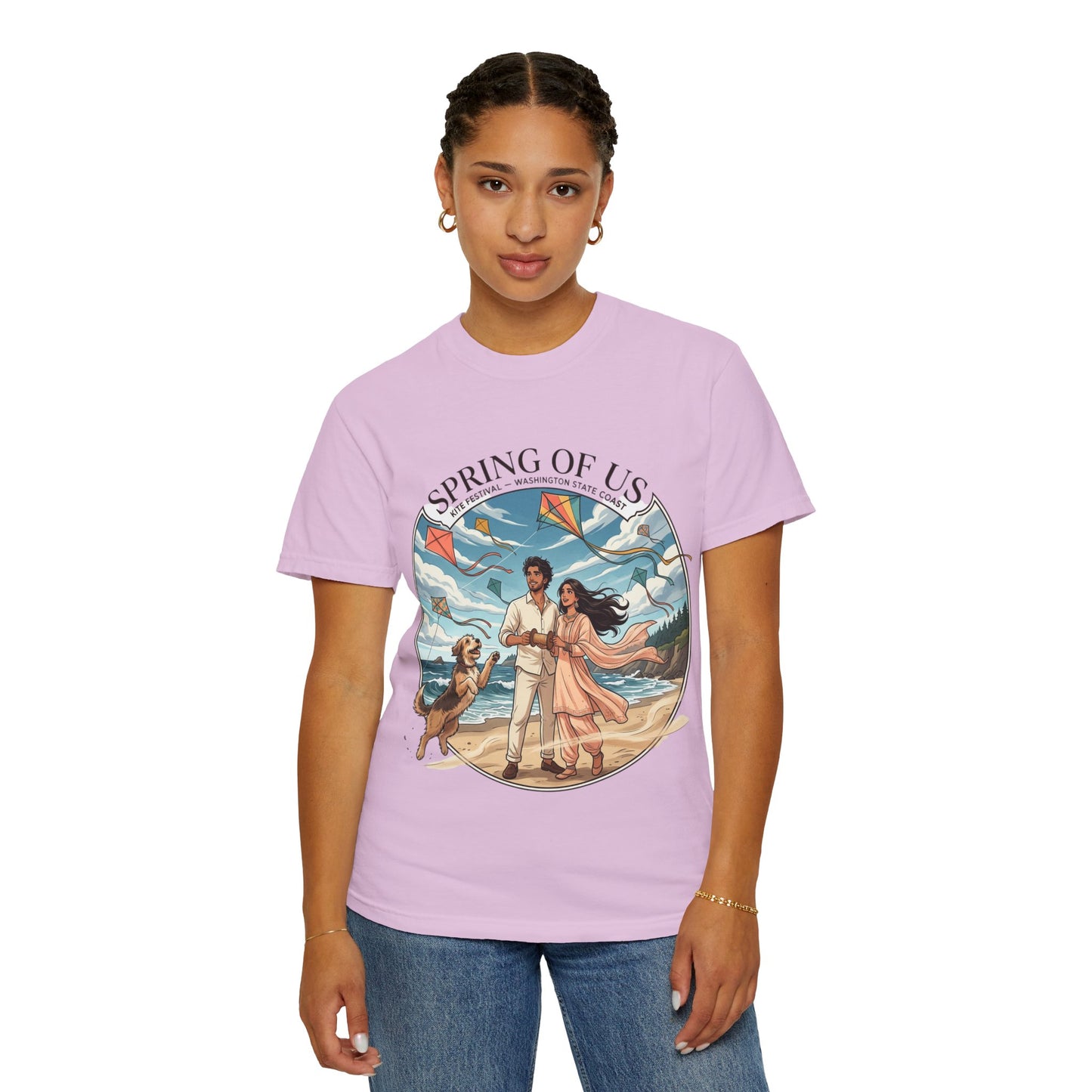 Spring of Us T-Shirt — Romantic Beach Couple Illustration with Dog
