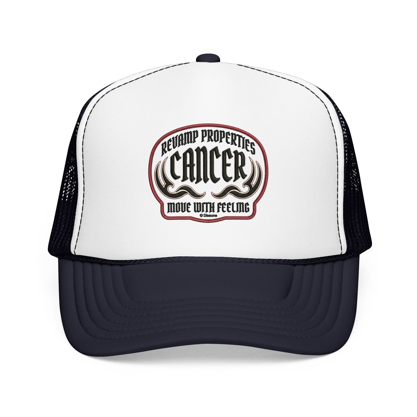 Cancer Zodiac Trucker Hat — Vintage Embroidered Skull & Crab Design