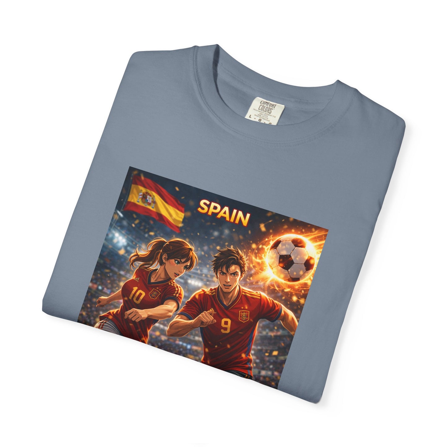 Spain Soccer Graphic T-Shirt — Retro Match Scene with Flag