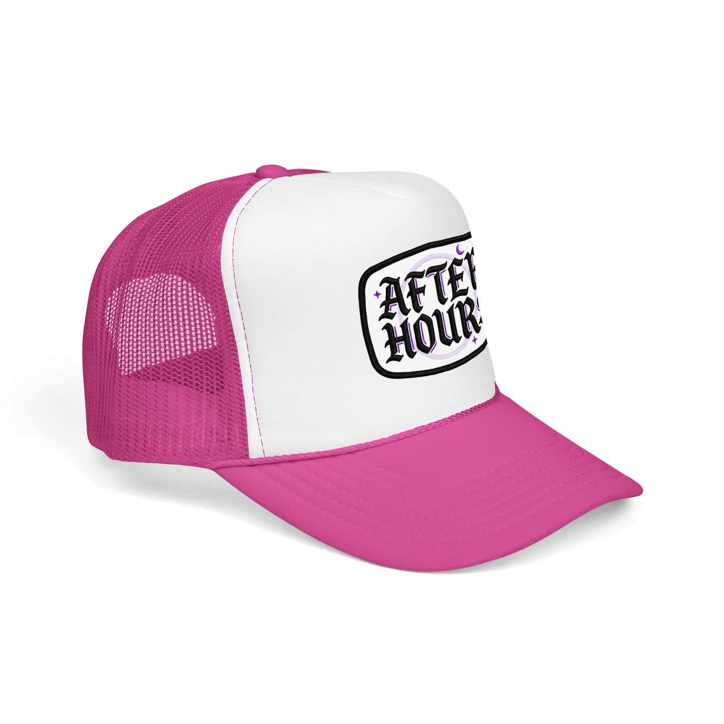 After Hours Foam Trucker Hat – Retro Gothic Embroidered Patch Cap