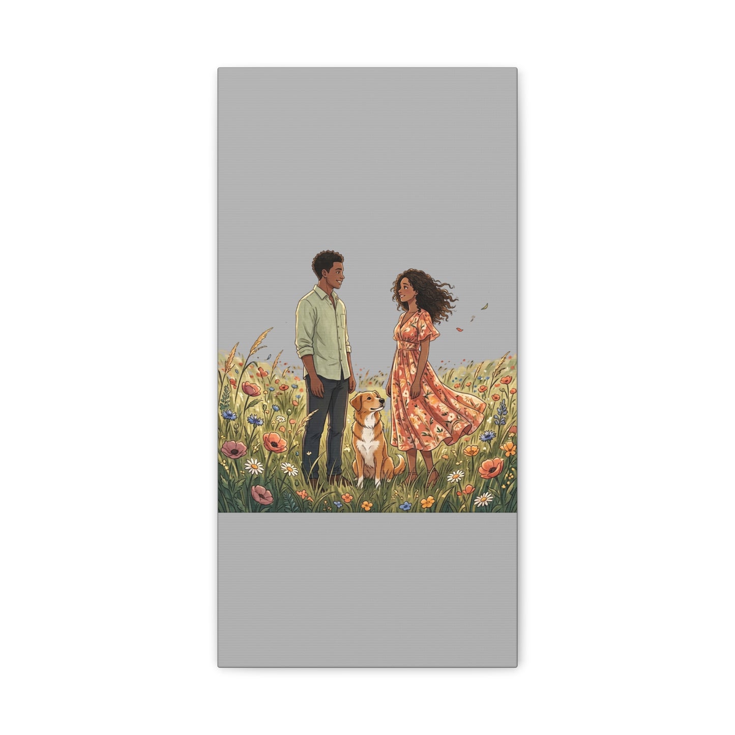 Romantic Couple in Wildflower Field Canvas Art — Black Love Wall Decor with Dog