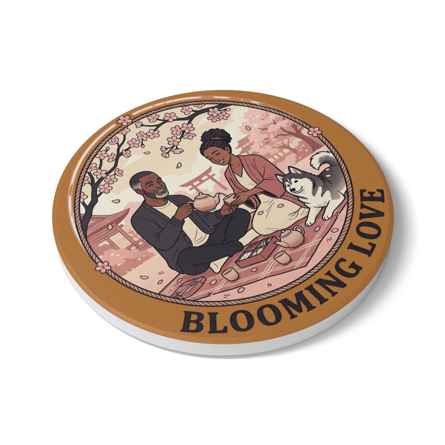 Blooming Love Ceramic Coaster — Romantic Picnic Cherry Blossom Tea Time Gift