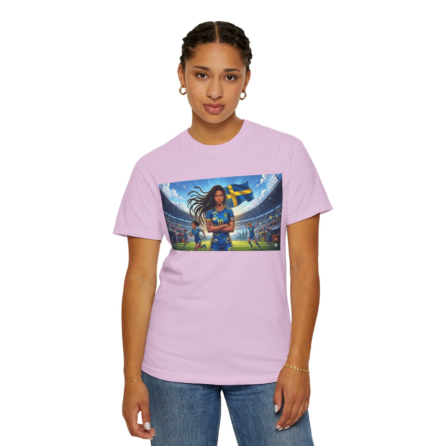 Swedish Soccer Pride T-Shirt — Female Footballer with Flag Stadium Design