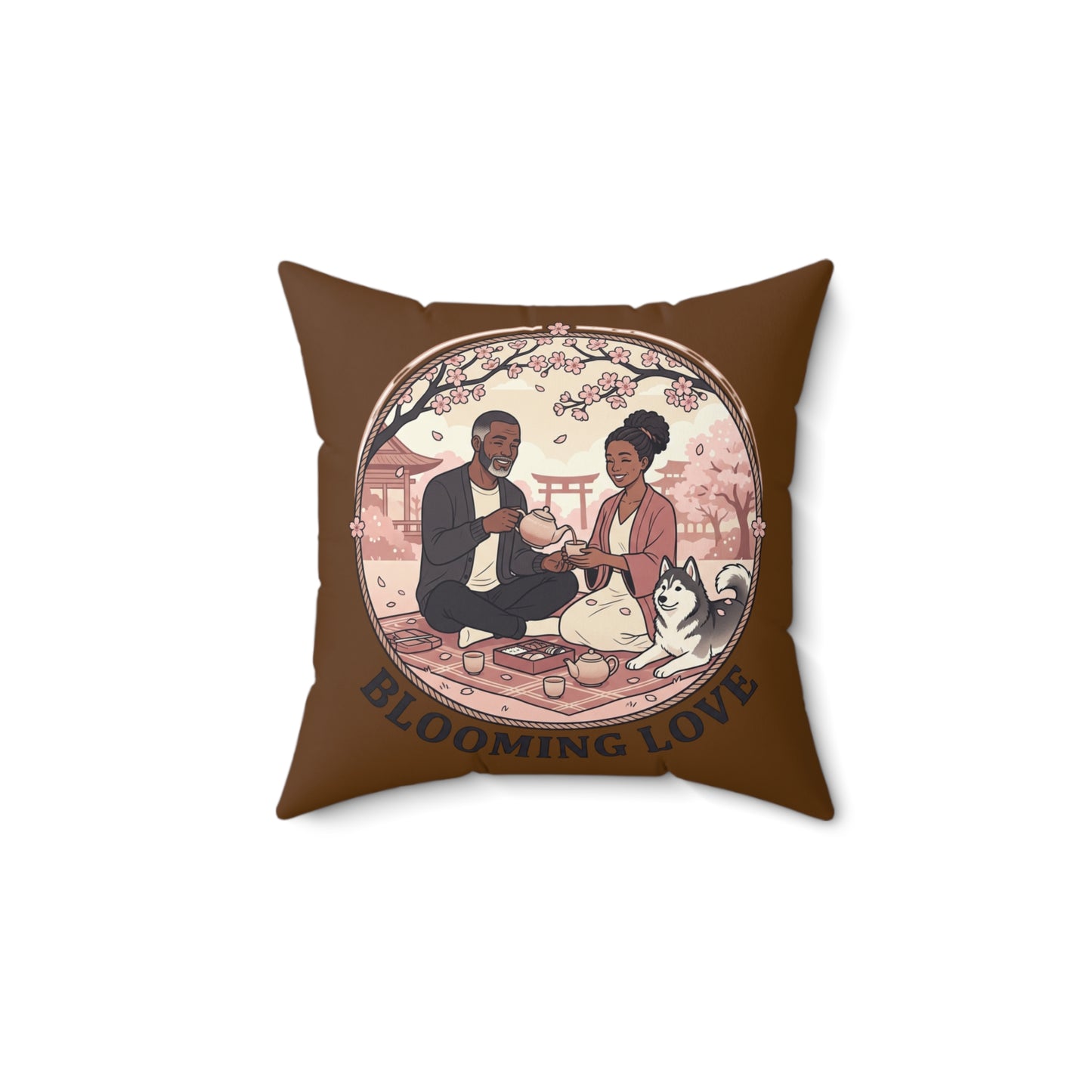 Blooming Love Throw Pillow — Romantic Cherry Blossom Picnic Decorative Pillow