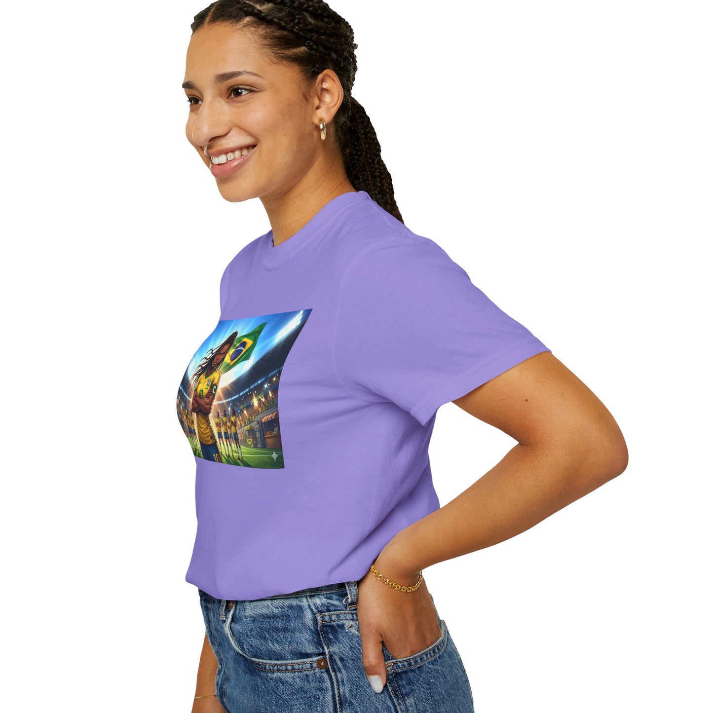 Brazil Soccer Captain T-Shirt — Player Holding Ball with Brazilian Flag Stadium Graphic