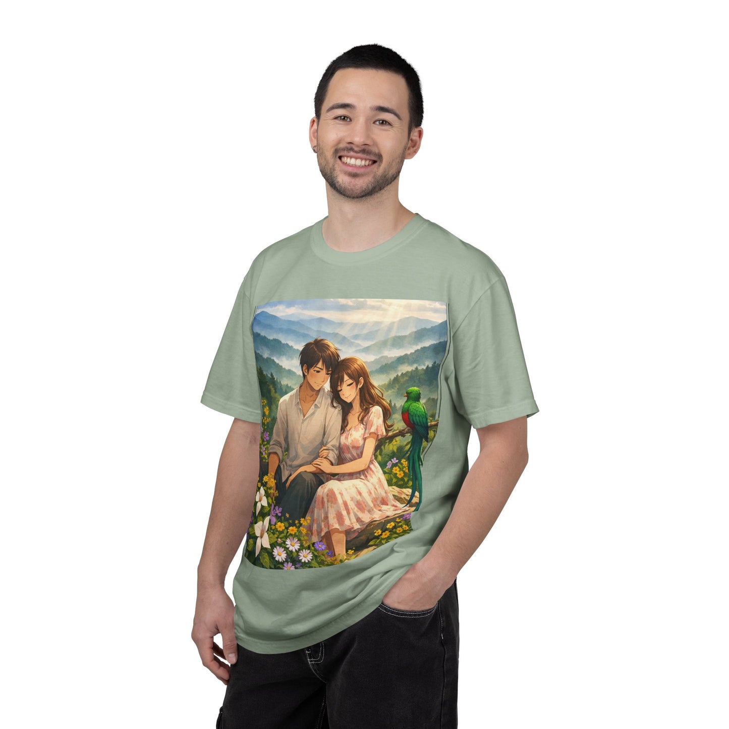 Romantic Anime Couple T-Shirt — Sunset Meadow Illustration