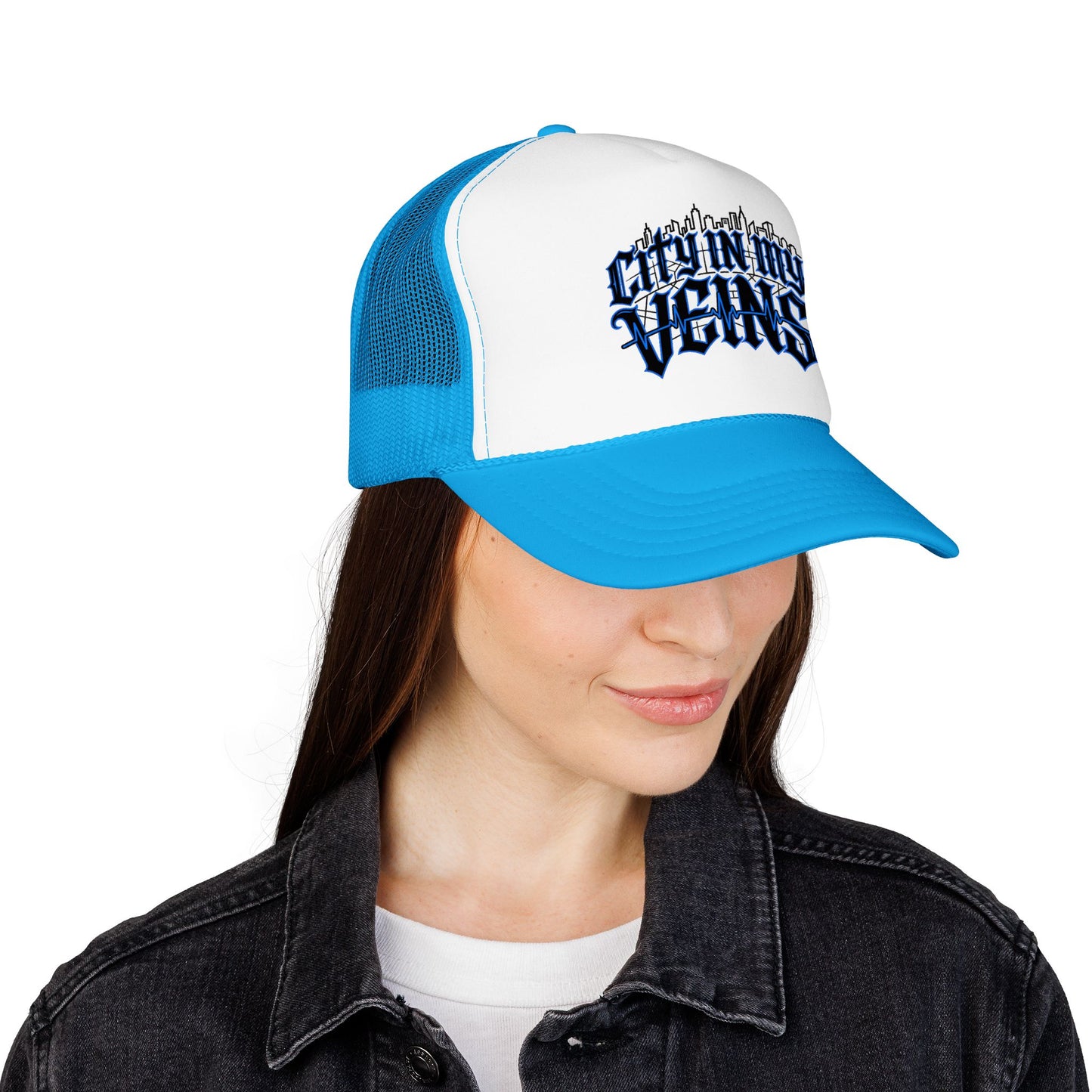City In My Veins Foam Trucker Hat — Urban Gothic Blue Embroidered Cap