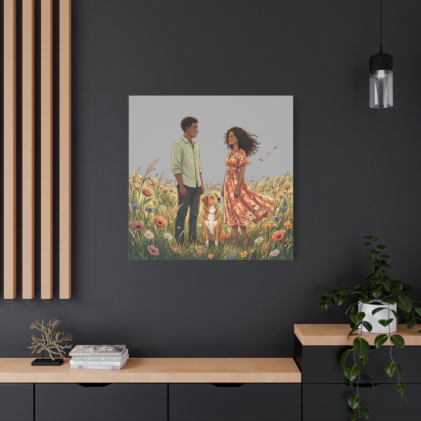 Romantic Couple in Wildflower Field Canvas Art — Black Love Wall Decor with Dog