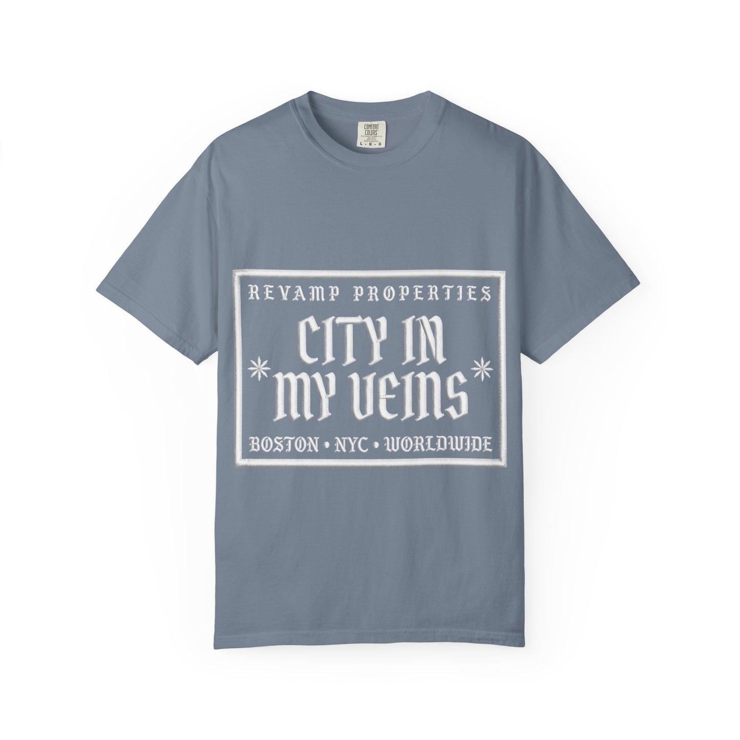 City In My Veins T‑Shirt — Vintage Cityscape Tee (Boston • NYC • Manchester)