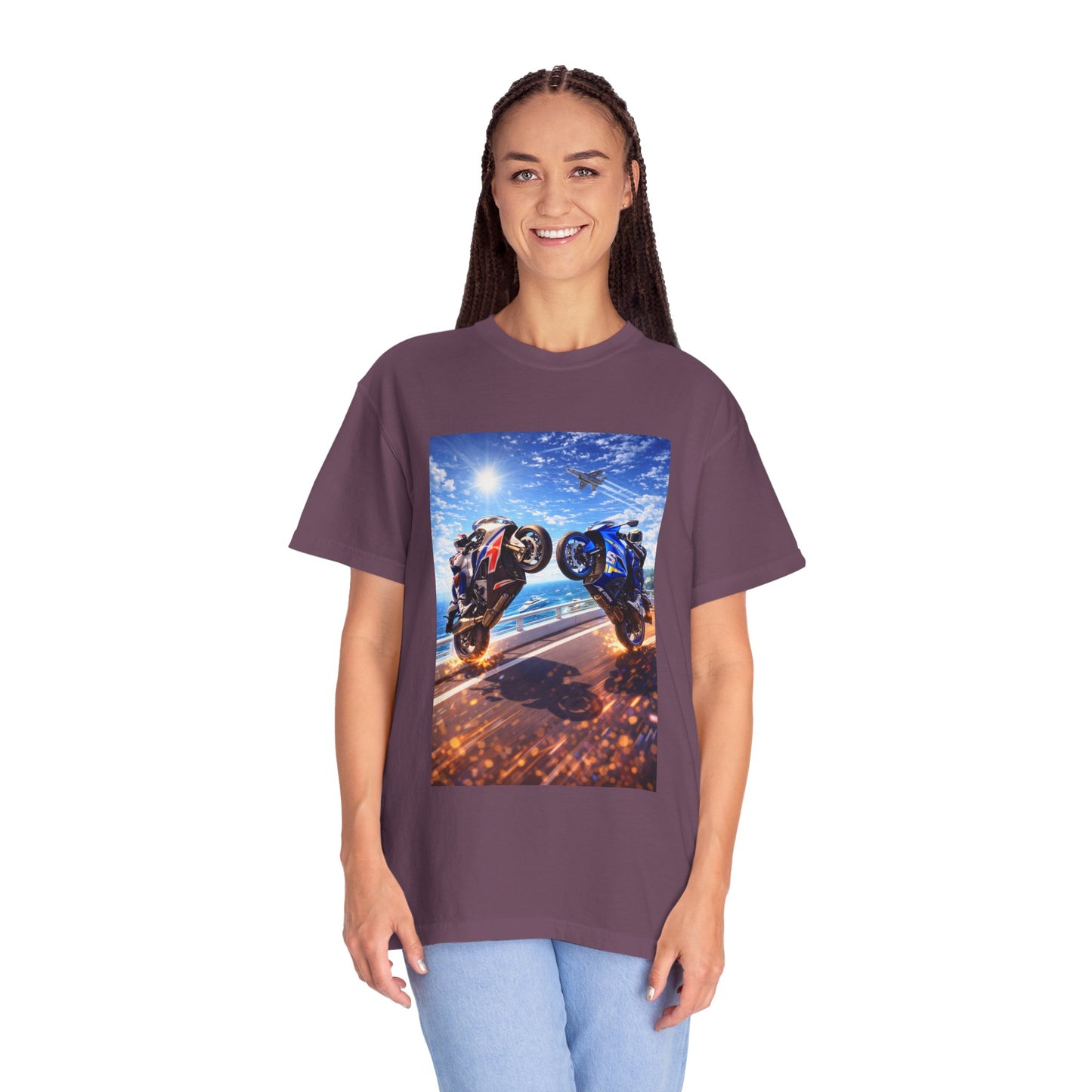 Stunt Riders Motorcycle T-Shirt — Two Bike Wheelie Racing Graphic Tee