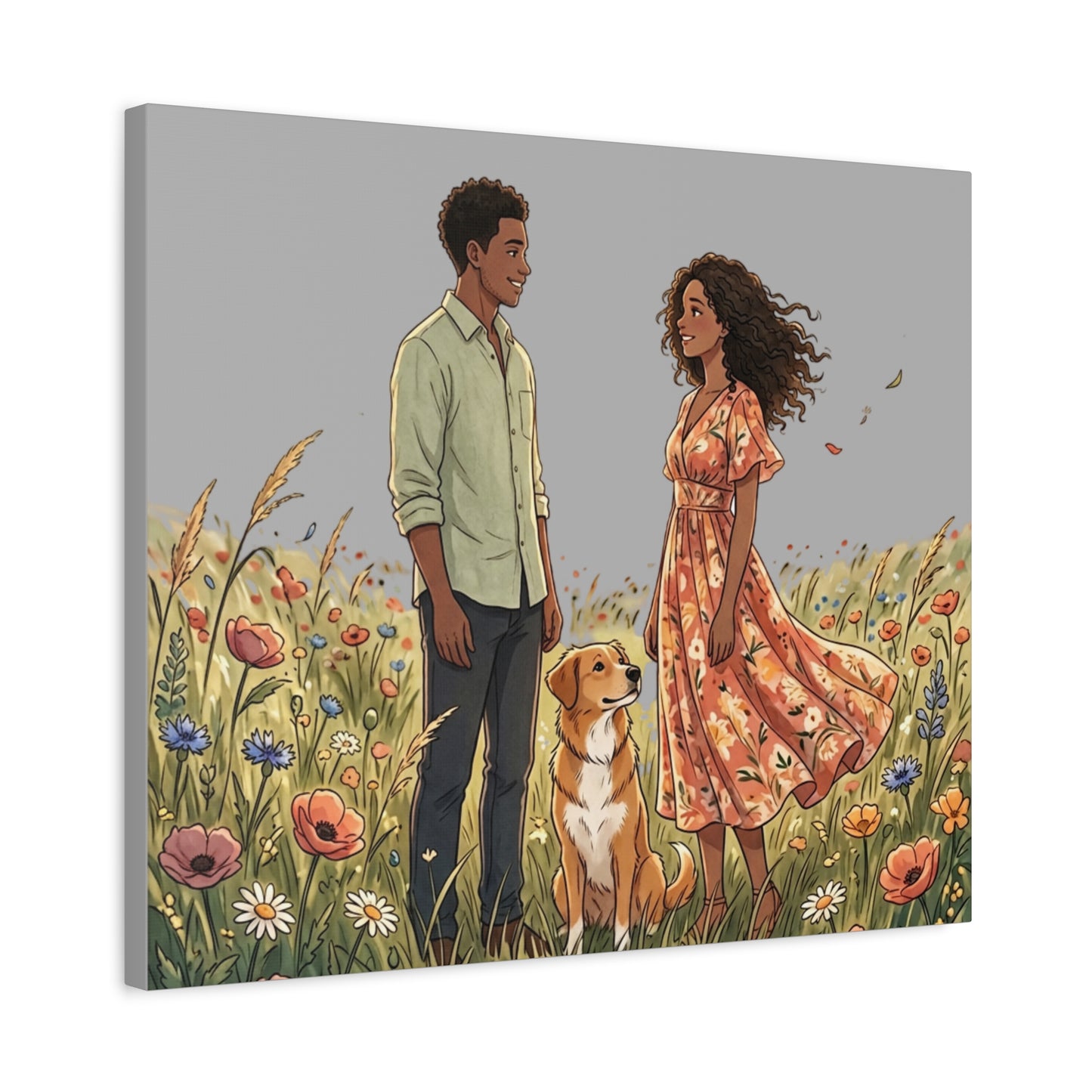Romantic Couple in Wildflower Field Canvas Art — Black Love Wall Decor with Dog
