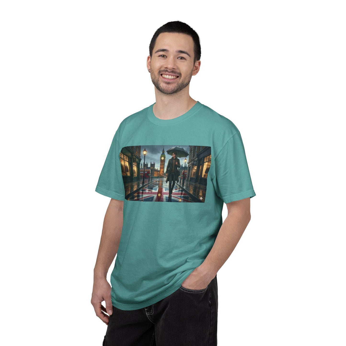 T-Shirt — Rainy London Street Scene Graphic Tee (Big Ben, Umbrella, Night Cityscape)