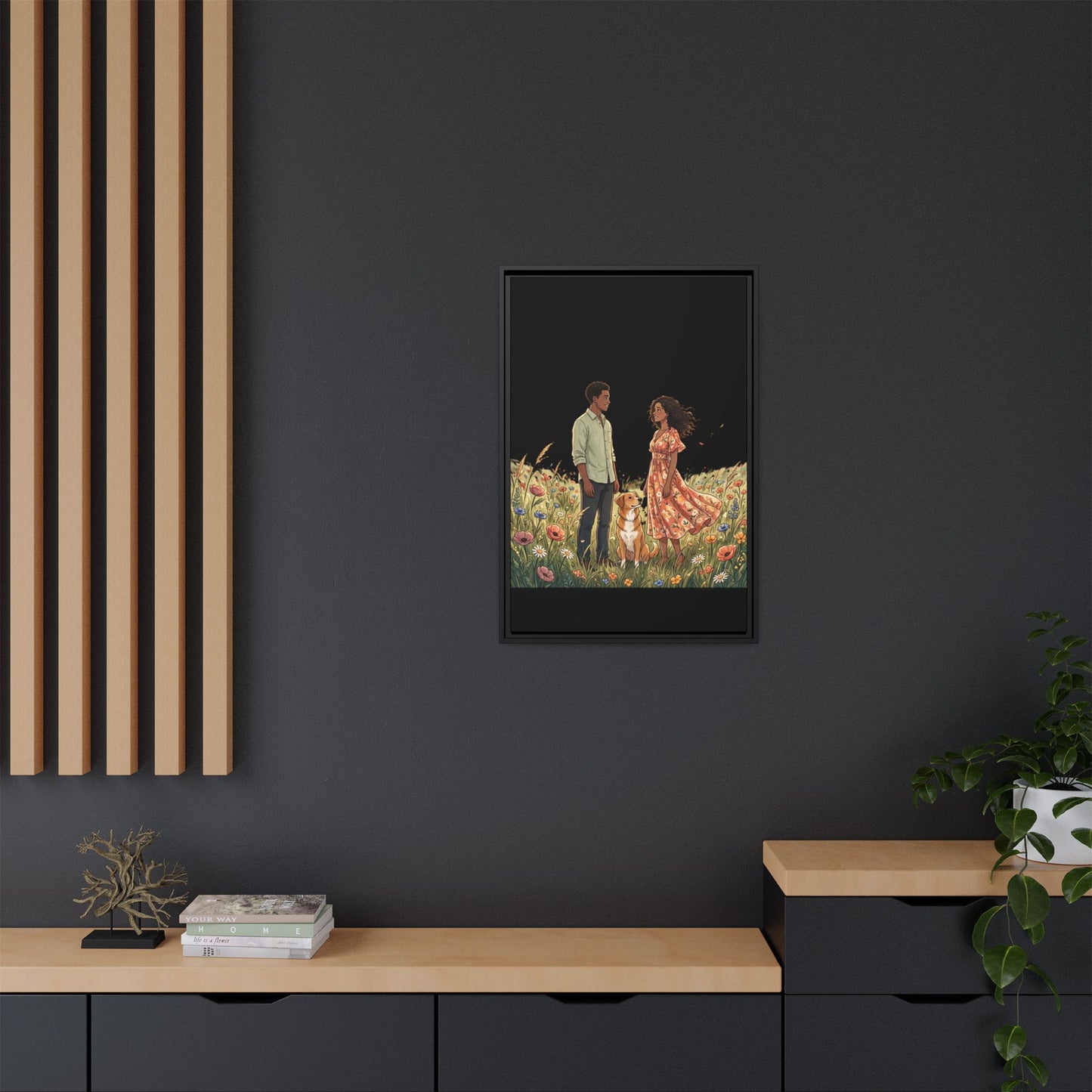 Framed Matte Canvas Print — Romantic Couple in Wildflower Field (Multi‑Color)