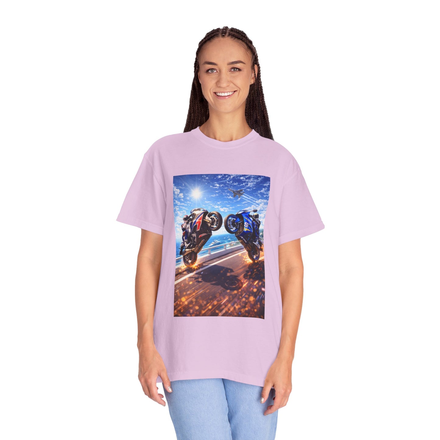 Stunt Riders Motorcycle T-Shirt — Two Bike Wheelie Racing Graphic Tee