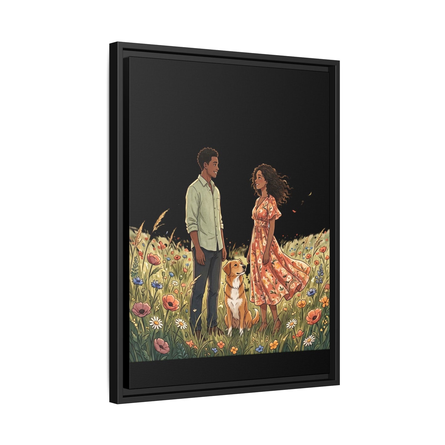 Framed Matte Canvas Print — Romantic Couple in Wildflower Field (Multi‑Color)