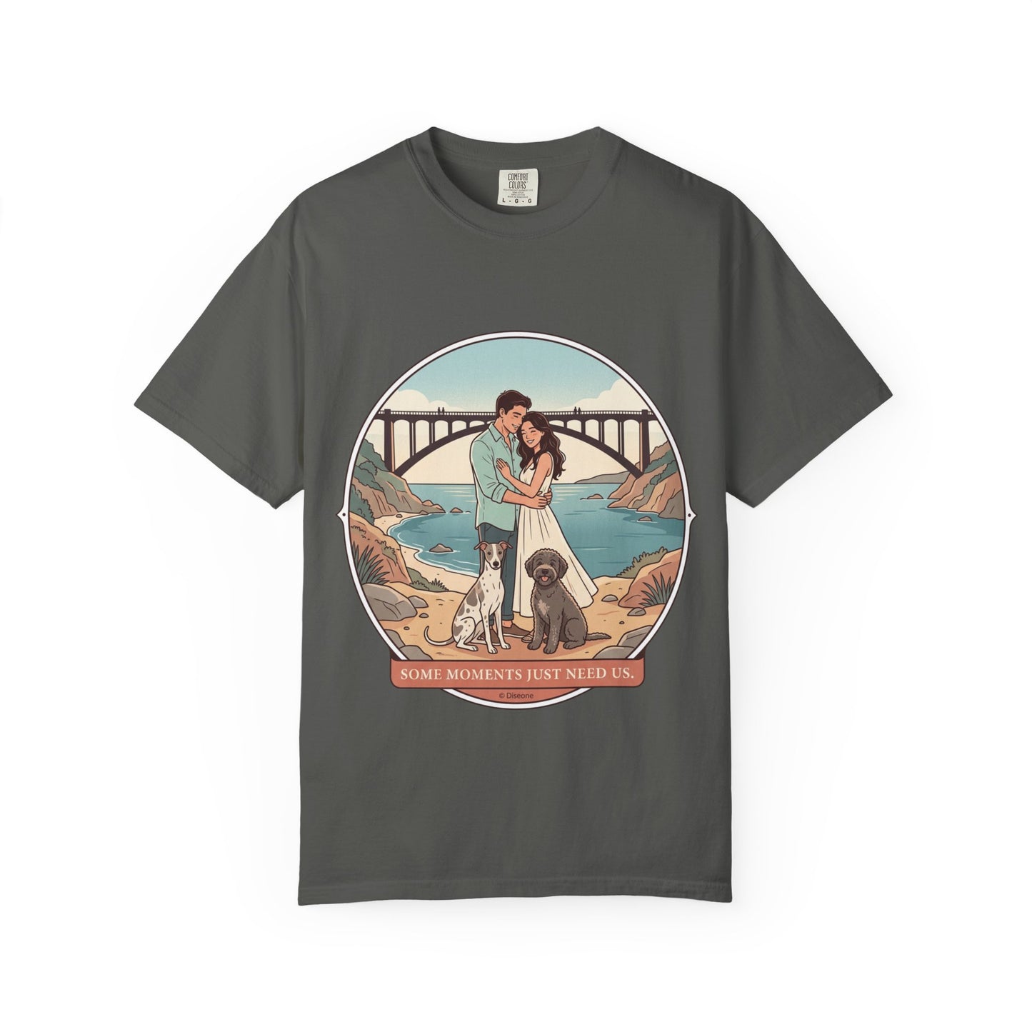 T-Shirt — Romantic Coastal Couples Tee “Some Moments Are Forever” with Dogs