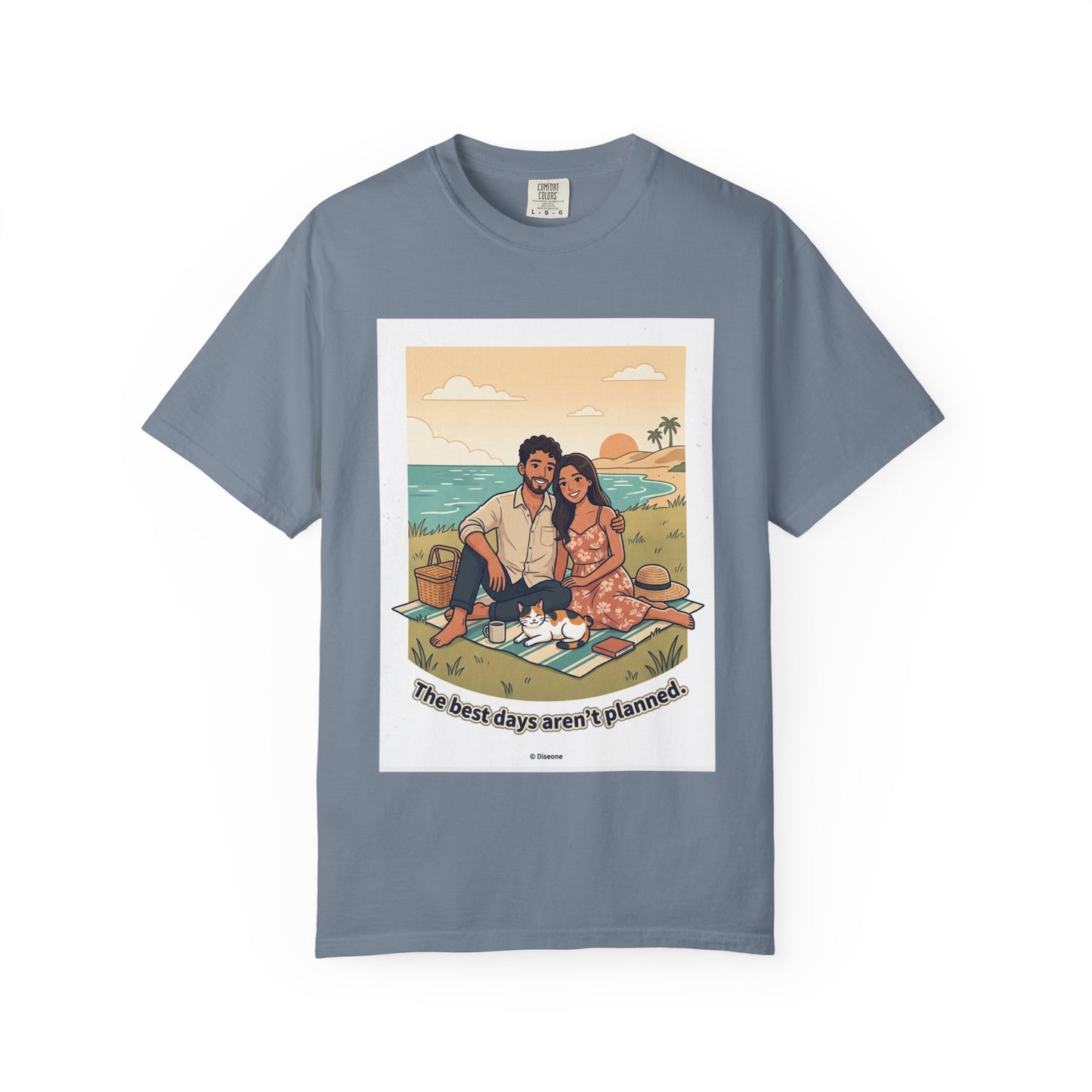 Beach Picnic Couple T‑Shirt — “The best days aren’t planned.” Relaxed Vacation Tee