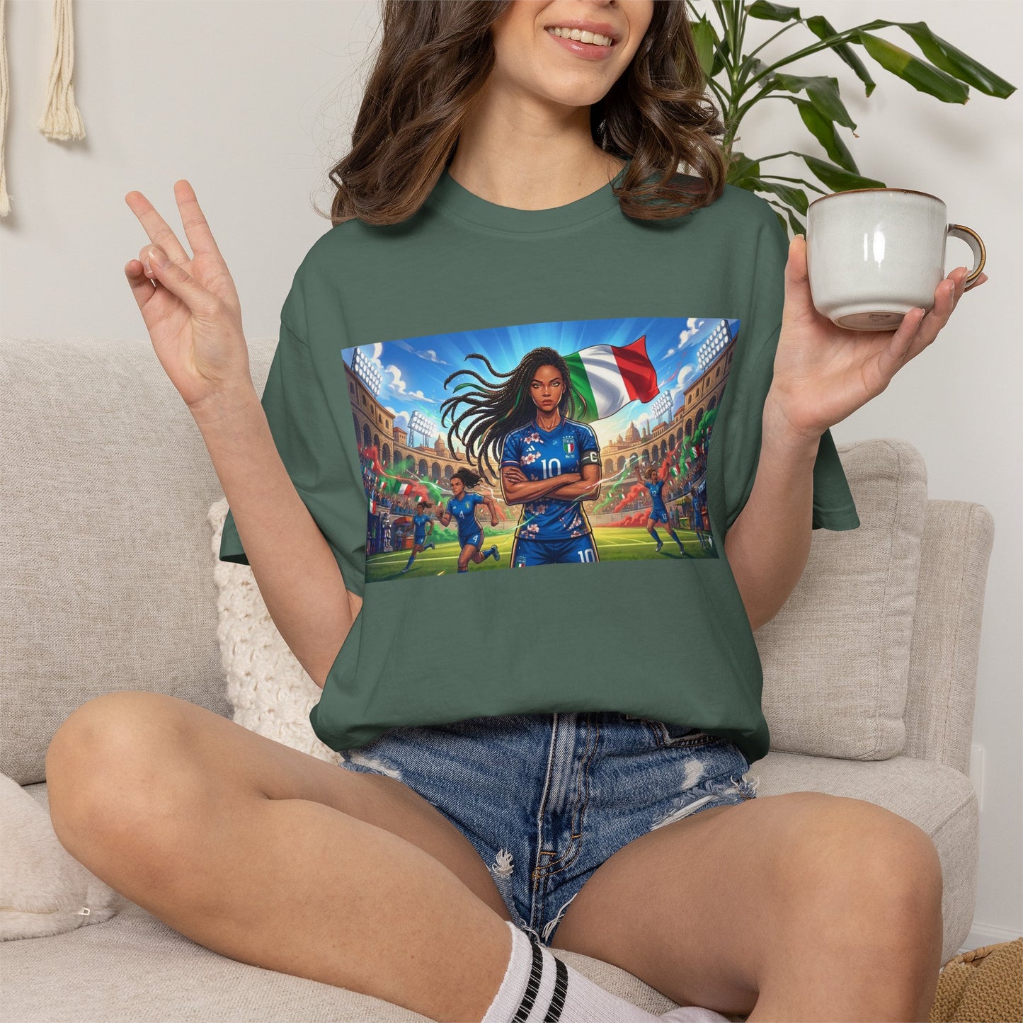 Italian Soccer Fan T‑Shirt – Inspirational Female Player with Italy Flag Stadium Print