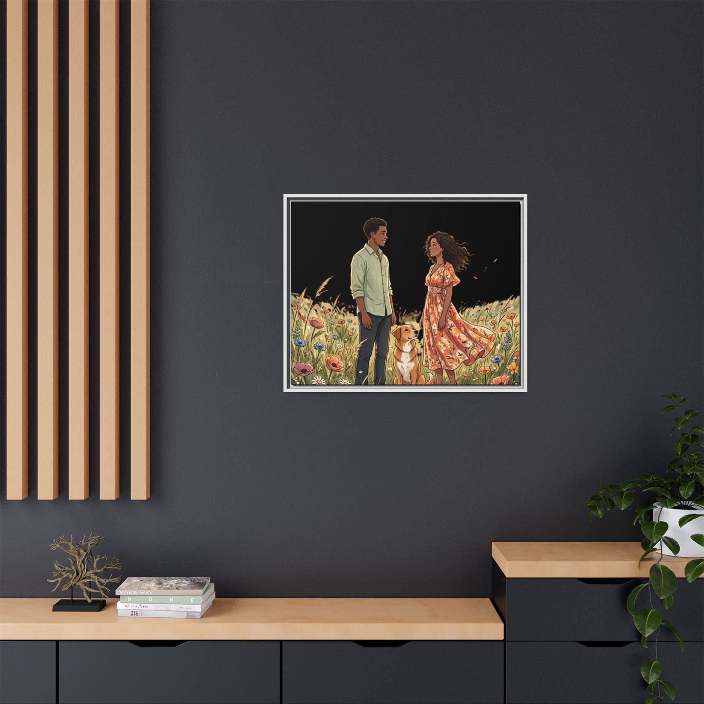 Framed Matte Canvas Print — Romantic Couple in Wildflower Field (Multi‑Color)