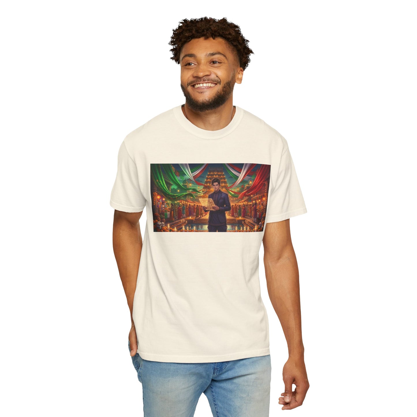 T-Shirt — Dragon Temple Night Scene Graphic Tee (Monk with Dragons)