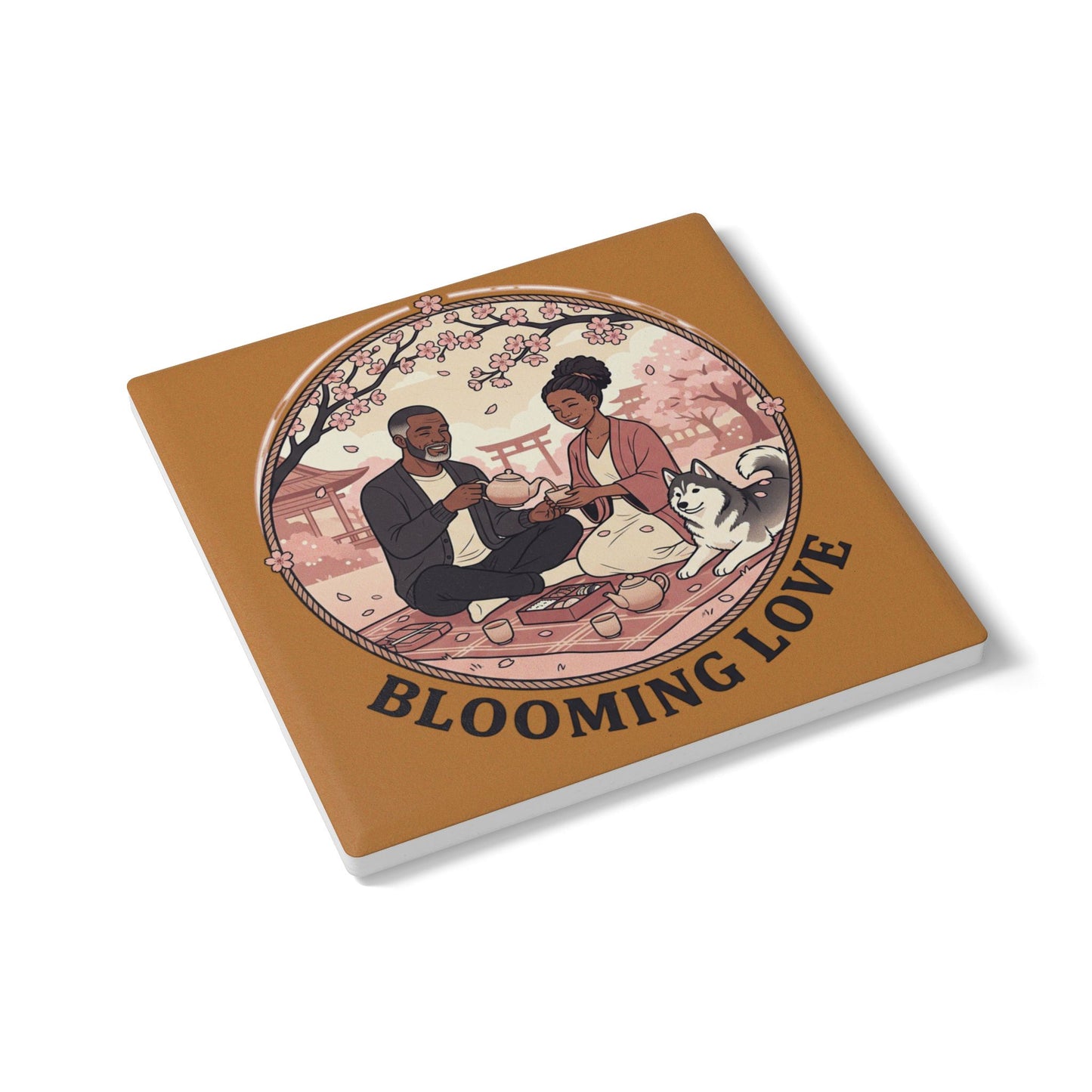 Blooming Love Ceramic Coaster — Romantic Picnic Cherry Blossom Tea Time Gift