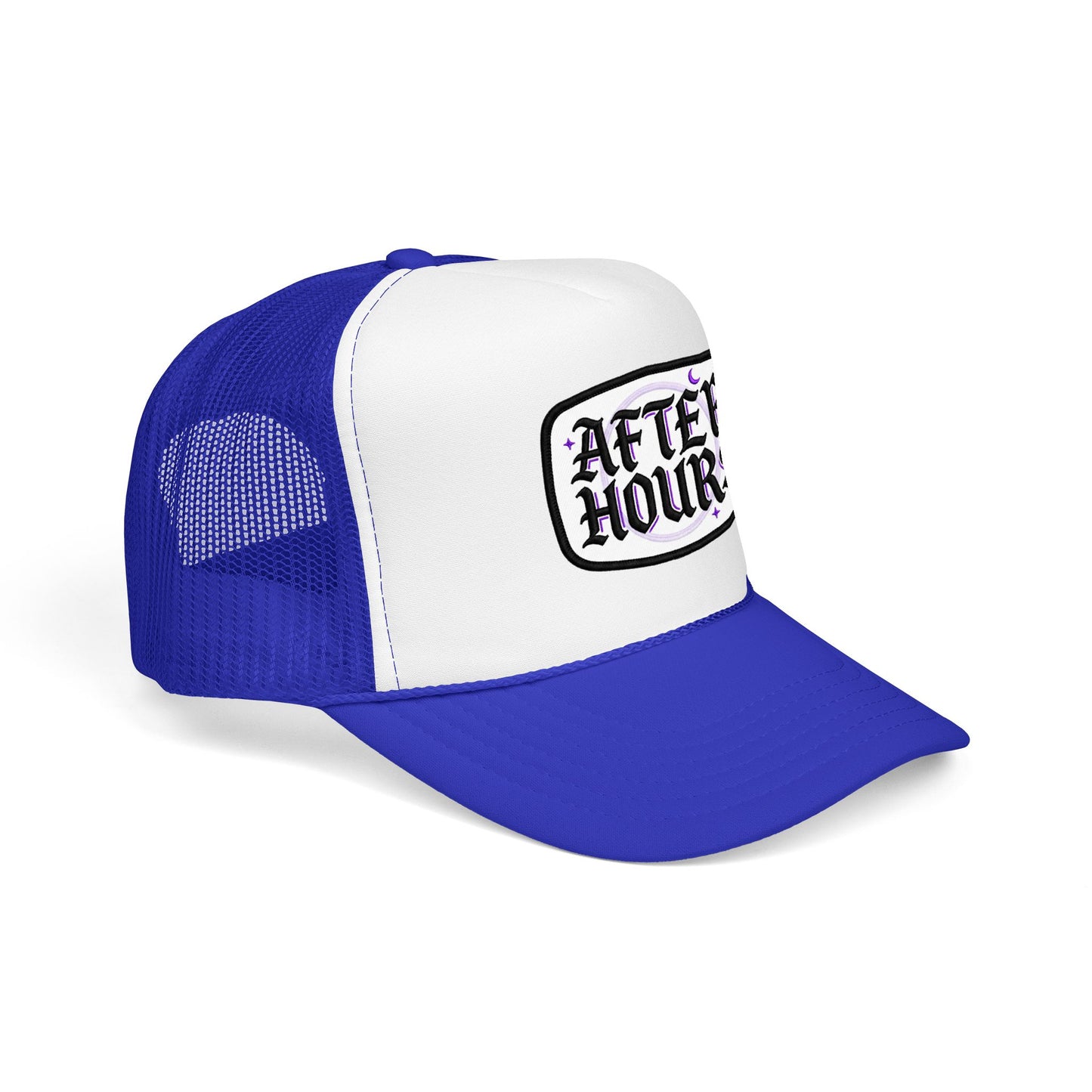 After Hours Foam Trucker Hat – Retro Gothic Embroidered Patch Cap