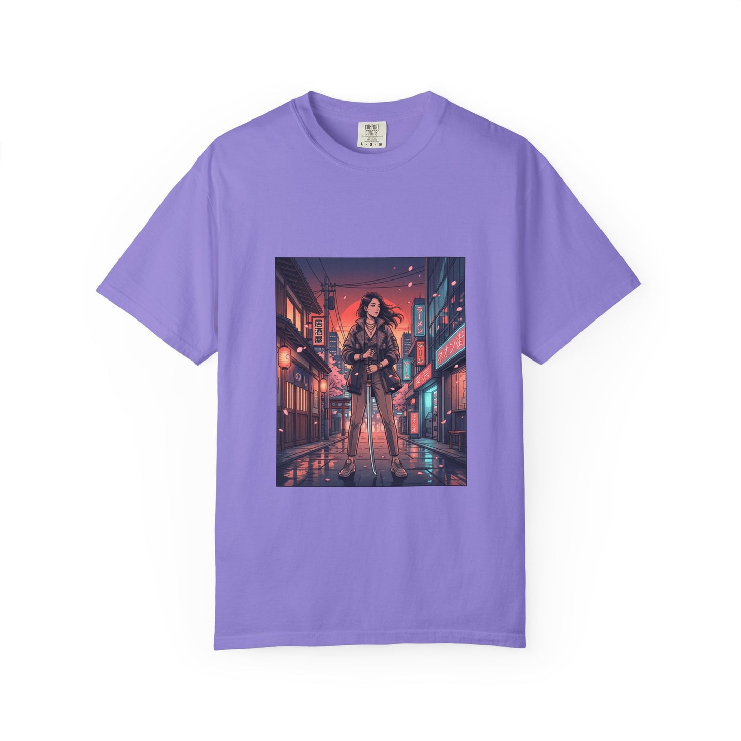 Cyberpunk Night Streets T‑Shirt — Neon Samurai Girl Graphic Tee