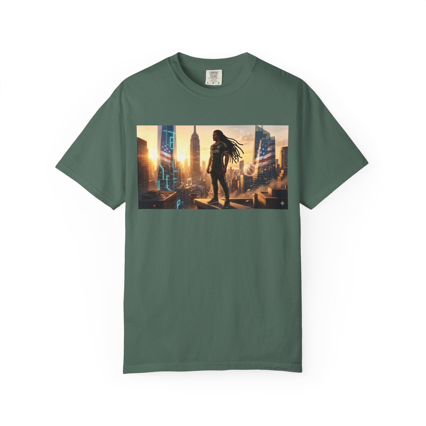 Cyberpunk Cityscape T-Shirt — Silhouette Hero at Sunset