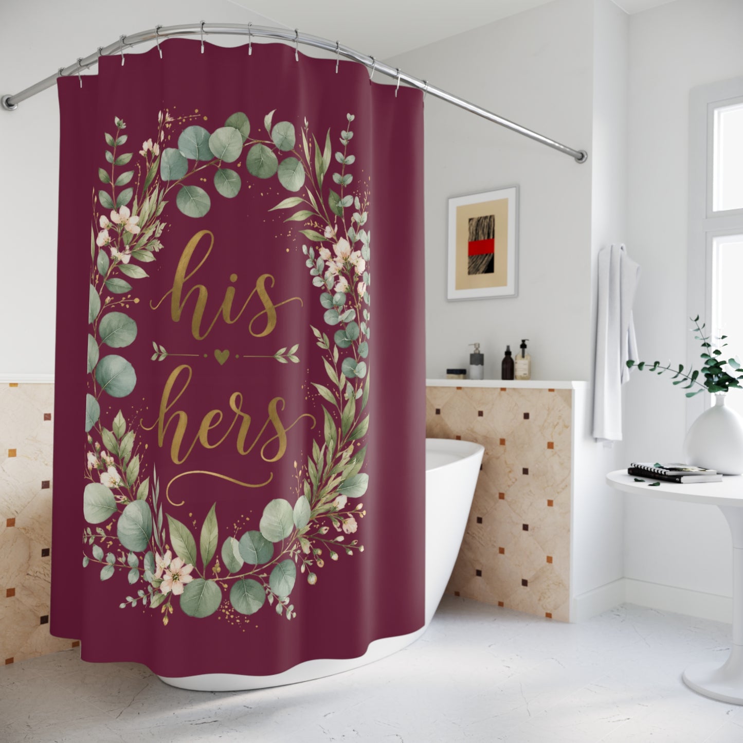 His & Hers Burgundy Floral Shower Curtain – Romantic Eucalyptus Wedding Bathroom Decor