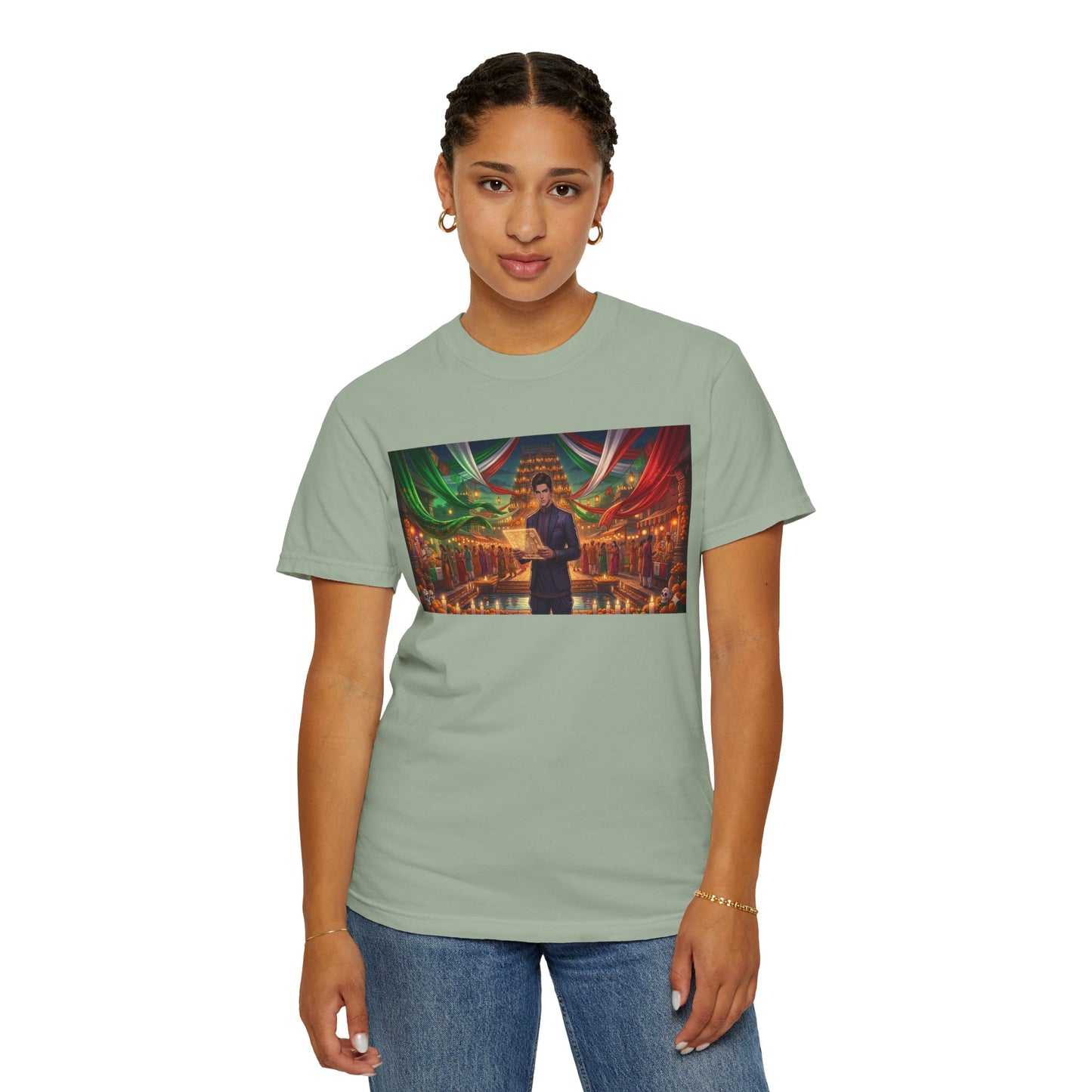 T-Shirt — Dragon Temple Night Scene Graphic Tee (Monk with Dragons)