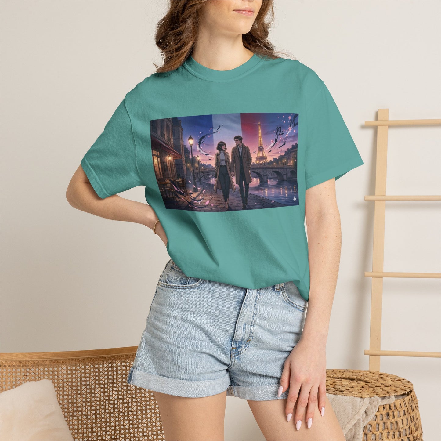Couple Walking, Eiffel Tower - T-Shirt — Romantic Paris Nightscape Graphic Tee