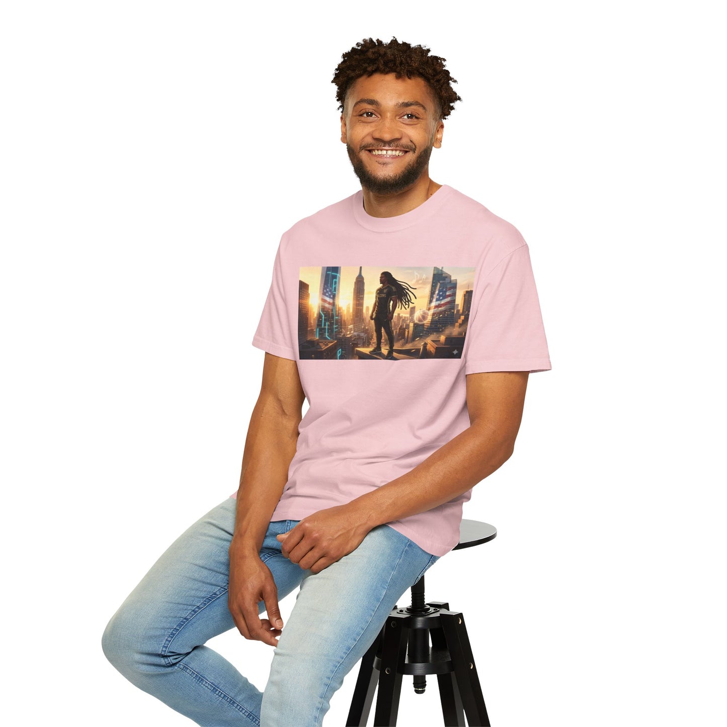 Cyberpunk Cityscape T-Shirt — Silhouette Hero at Sunset