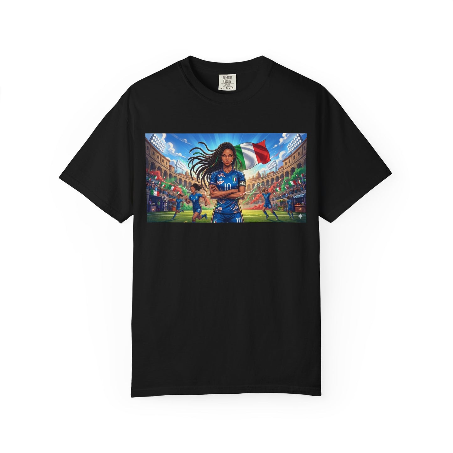 Italian Soccer Fan T‑Shirt – Inspirational Female Player with Italy Flag Stadium Print