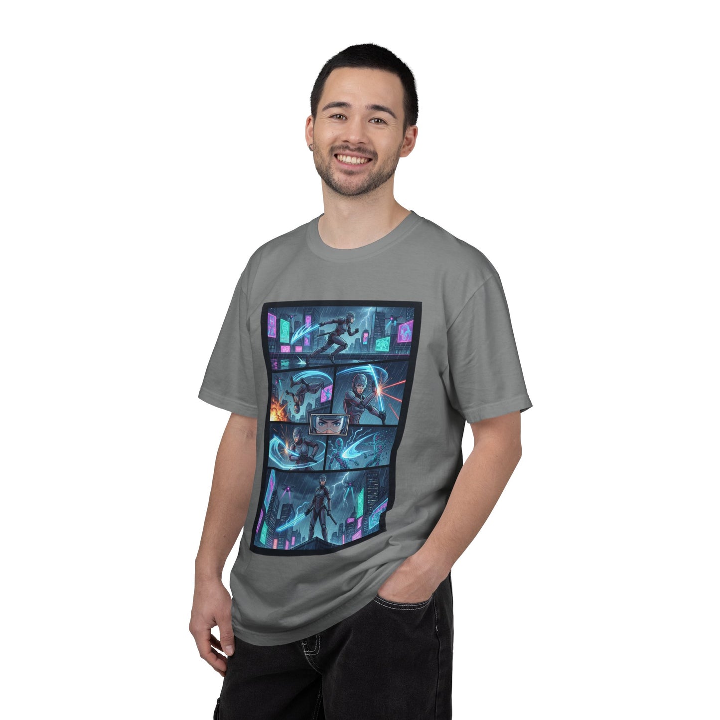 Cyberpunk Girl Samurai T-Shirt — Neon Manga Panel Graphic Tee