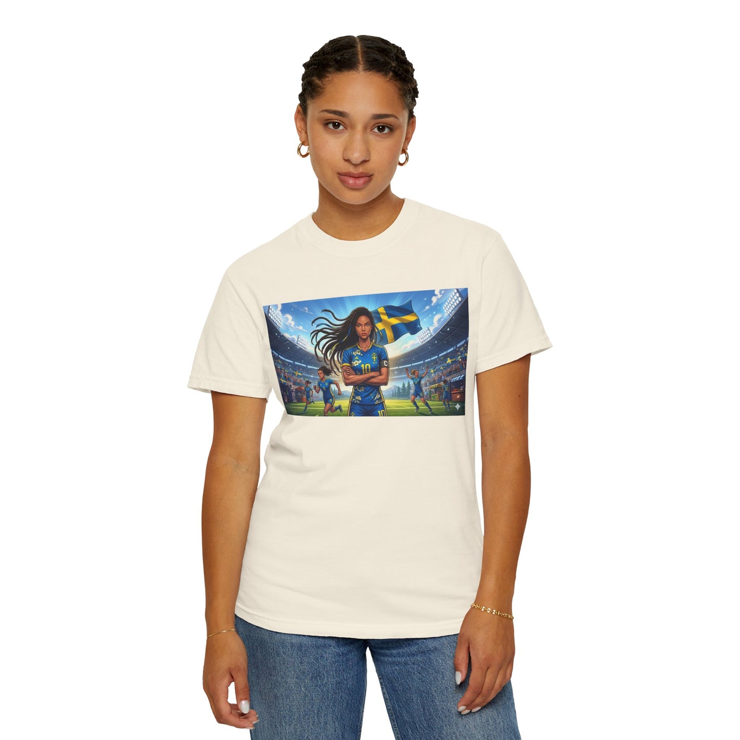 Swedish Soccer Pride T-Shirt — Female Footballer with Flag Stadium Design