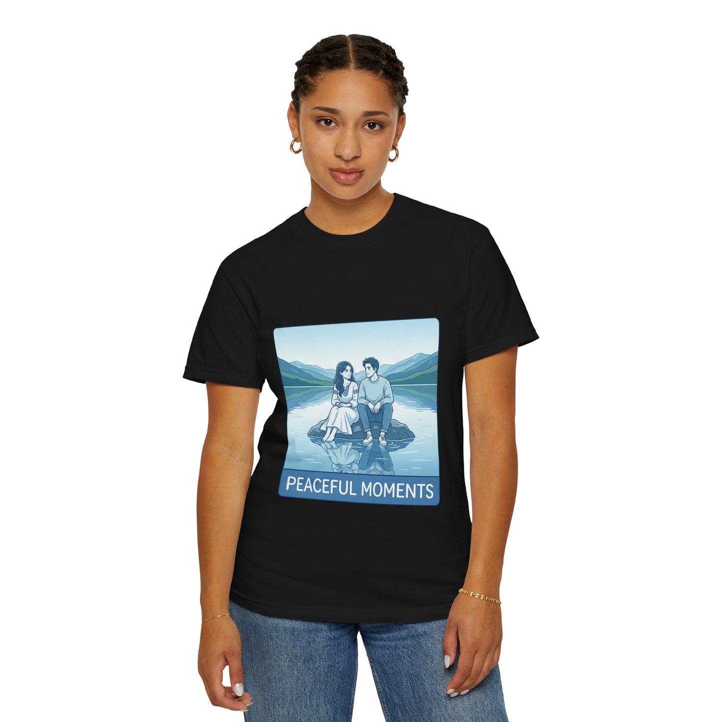 Peaceful Moments Tee — Couple Sitting by Lake Graphic T-Shirt
