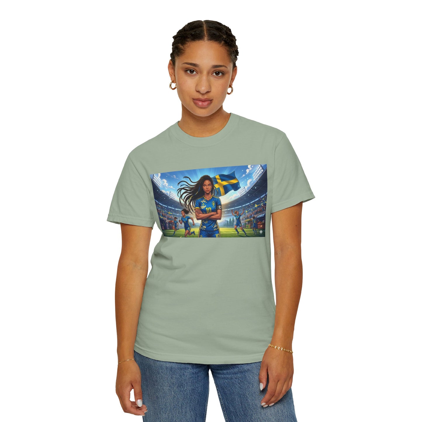 Swedish Soccer Pride T-Shirt — Female Footballer with Flag Stadium Design