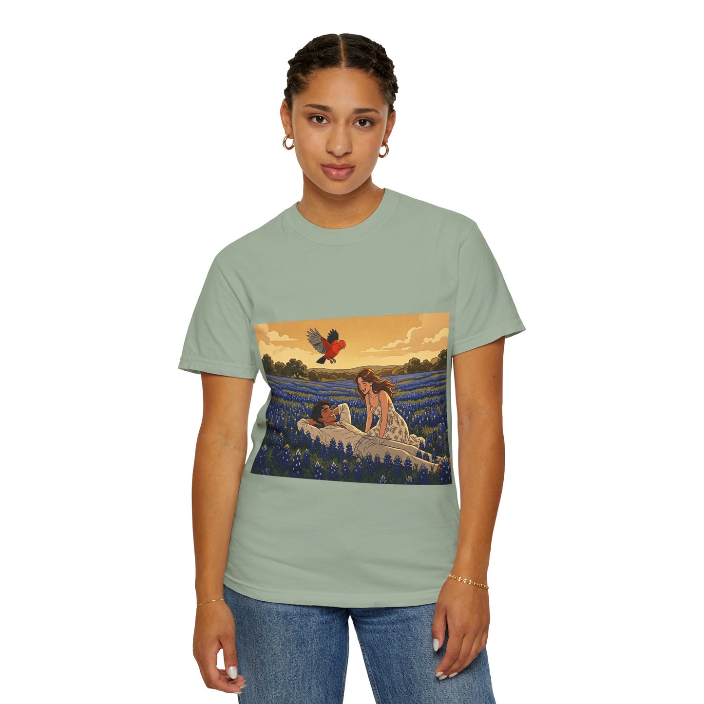 Romantic Bluebonnet Field T-Shirt — Couple in Wildflower Meadow Art Tee