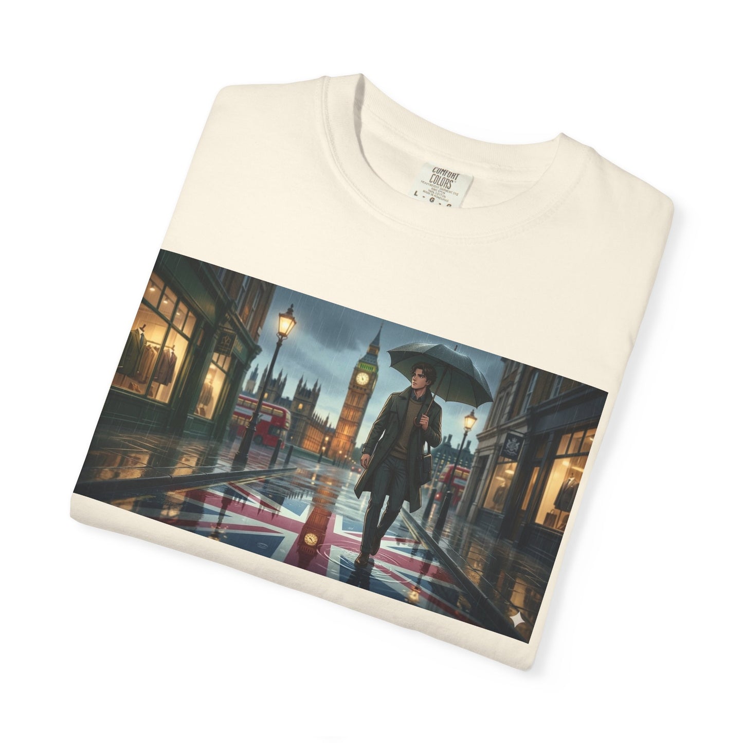 T-Shirt — Rainy London Street Scene Graphic Tee (Big Ben, Umbrella, Night Cityscape)