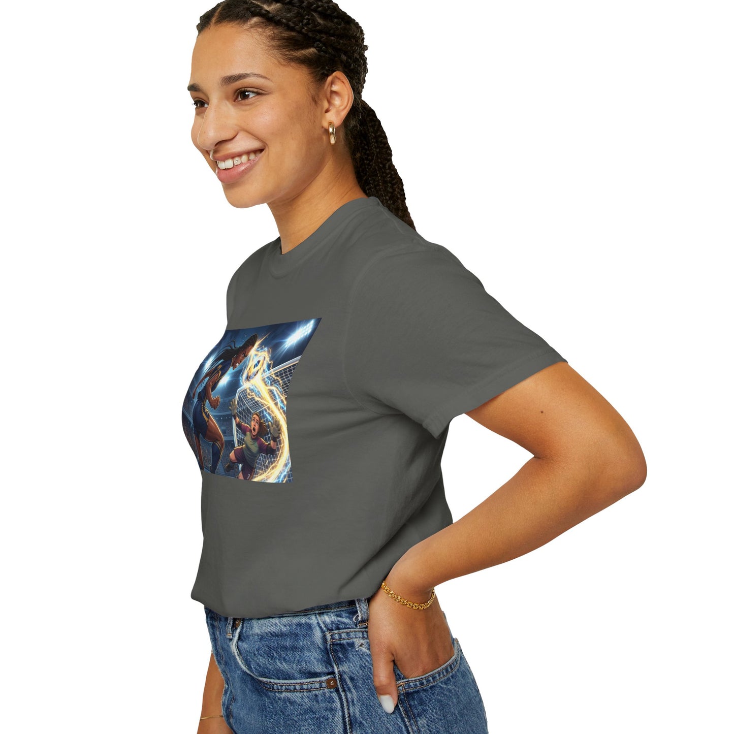 Soccer Duel Graphic T-Shirt — Futuristic Goalkeeper vs Striker Stadium Print