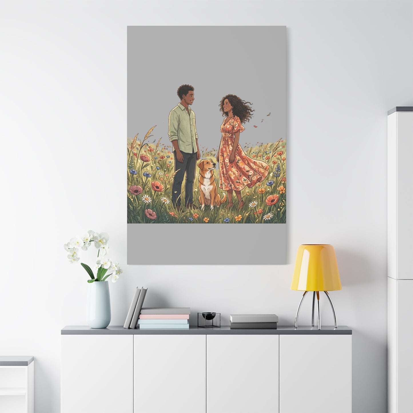 Romantic Couple in Wildflower Field Canvas Art — Black Love Wall Decor with Dog