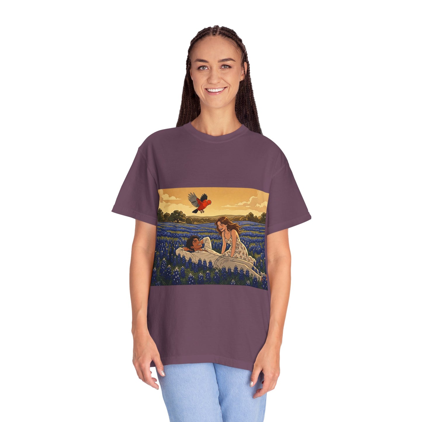 Romantic Bluebonnet Field T-Shirt — Couple in Wildflower Meadow Art Tee