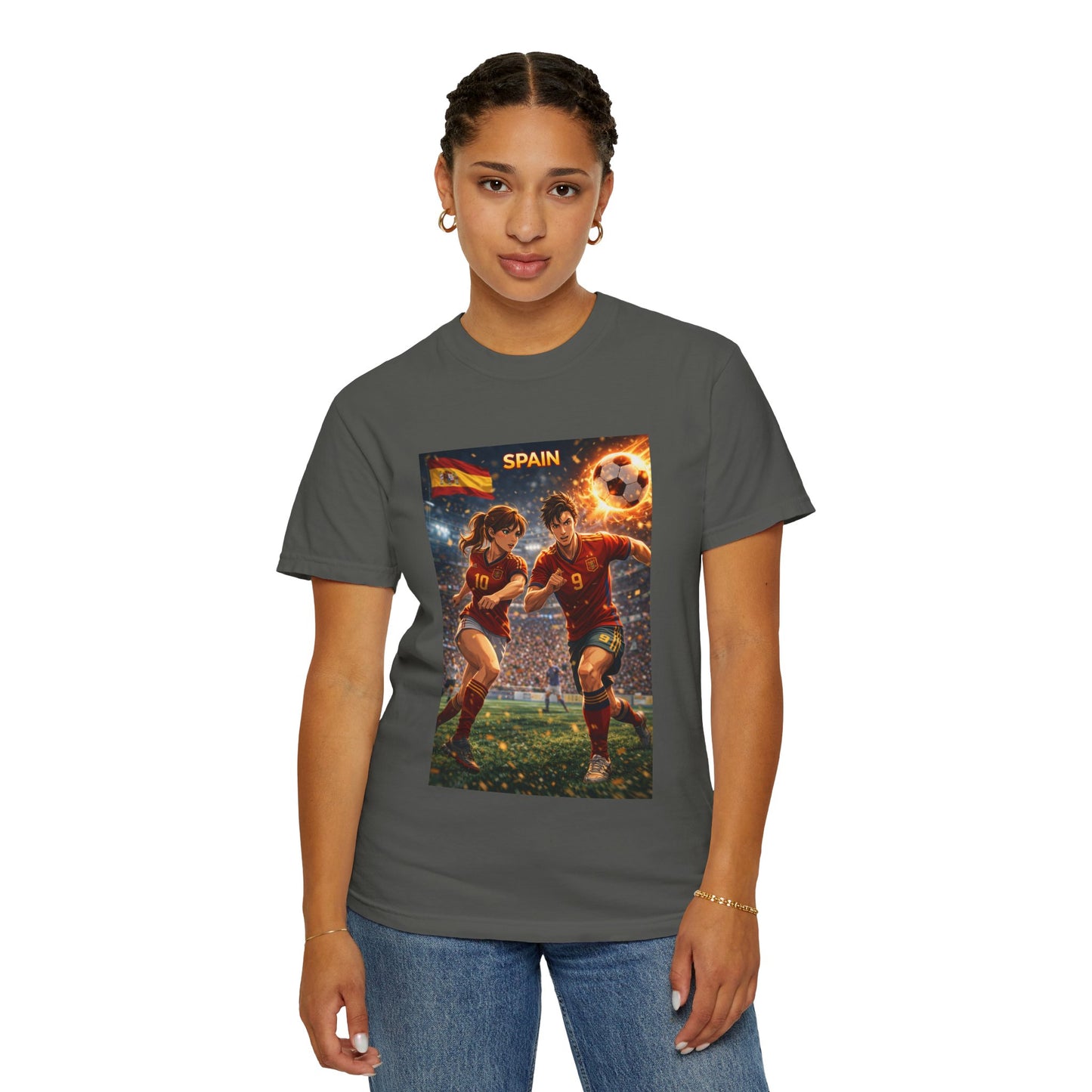 Spain Soccer Graphic T-Shirt — Retro Match Scene with Flag