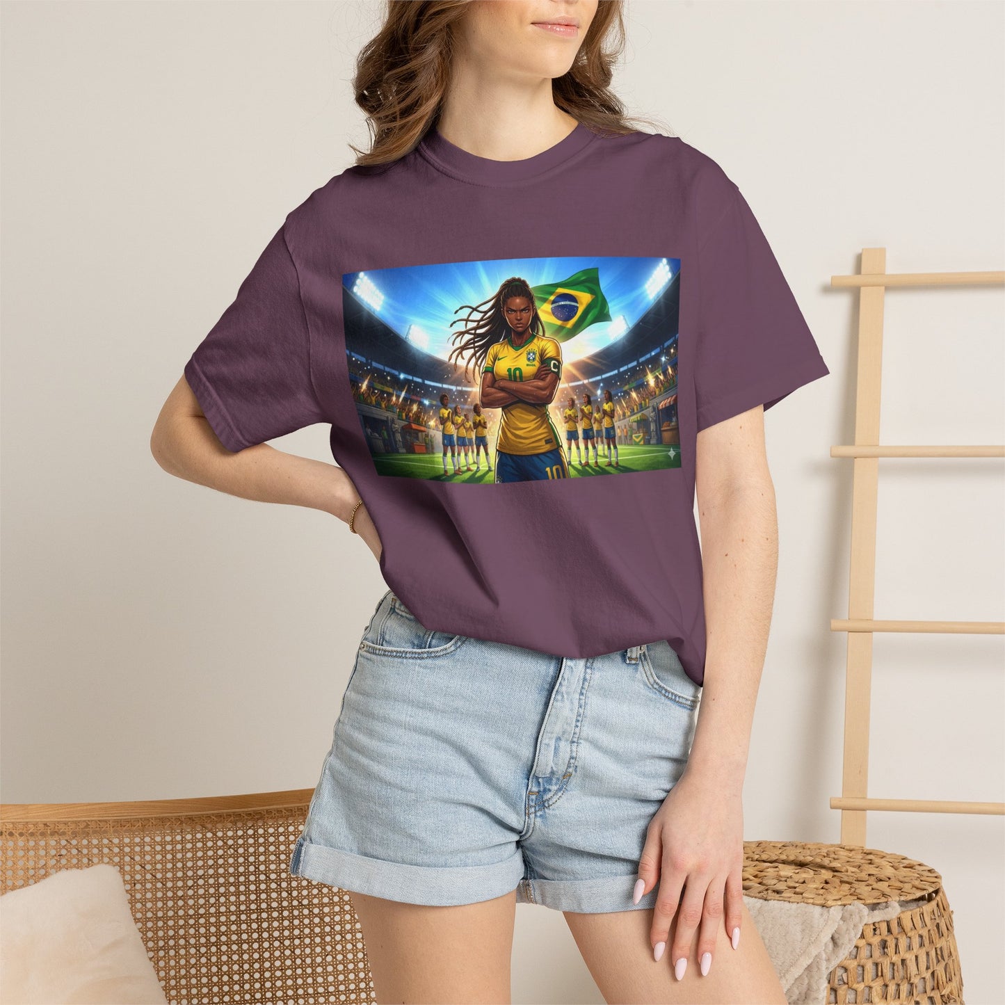 Brazil Soccer Captain T-Shirt — Player Holding Ball with Brazilian Flag Stadium Graphic