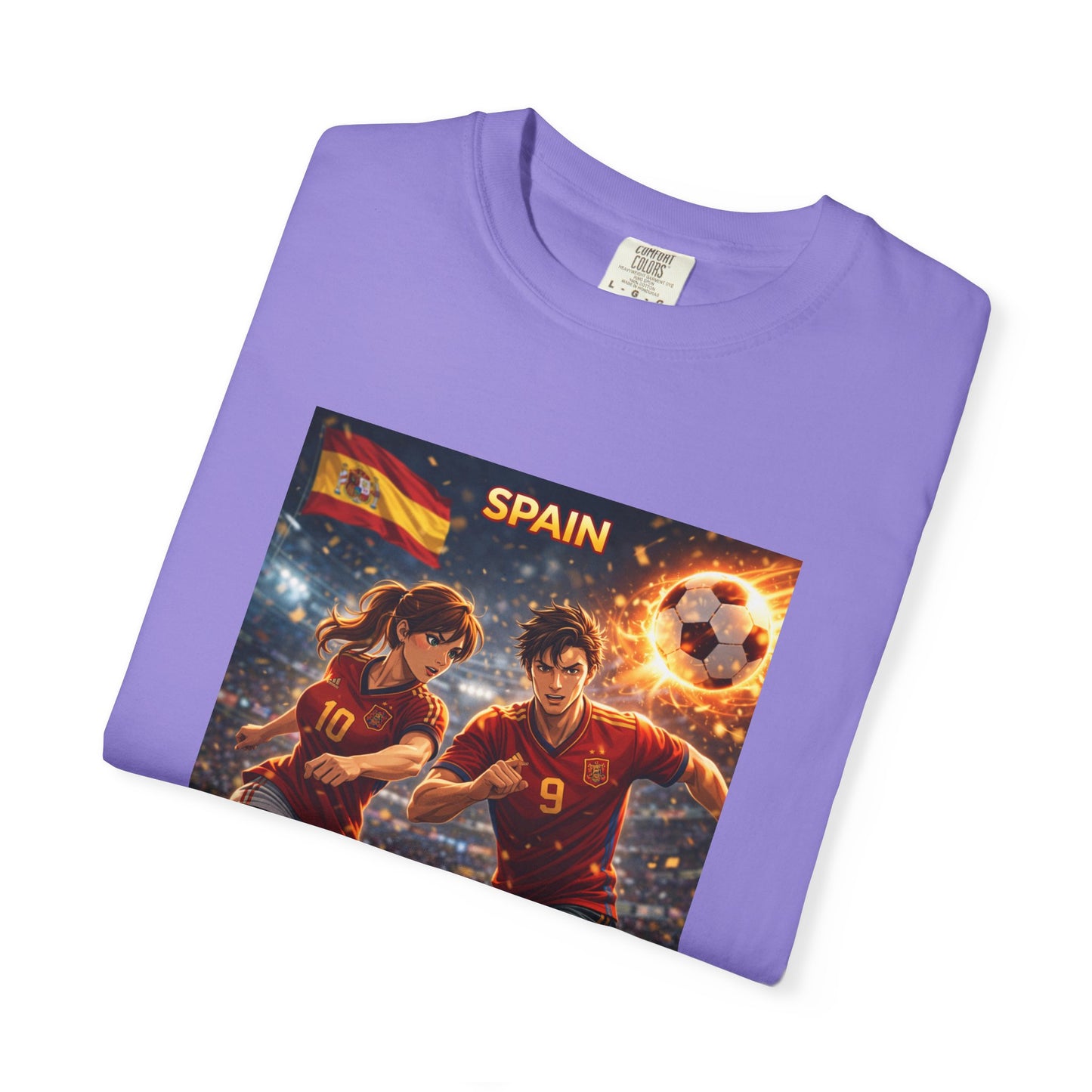 Spain Soccer Graphic T-Shirt — Retro Match Scene with Flag