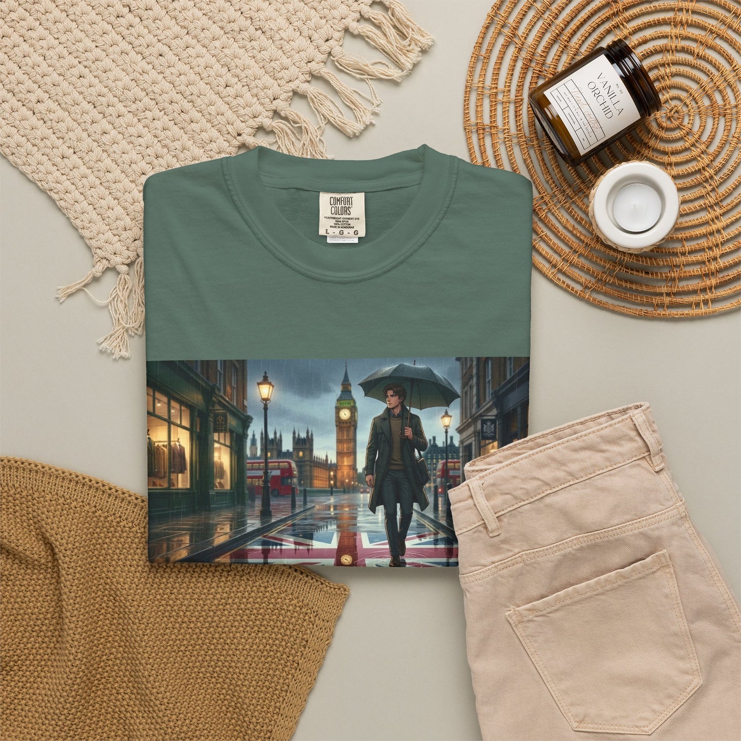 T-Shirt — Rainy London Street Scene Graphic Tee (Big Ben, Umbrella, Night Cityscape)
